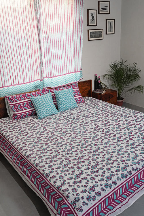 Sooti Syahi Floral Rhapsody Hand Block Printed Cotton Percale Bedsheet