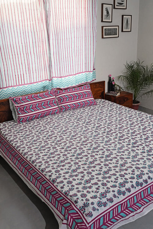 Sooti Syahi Floral Rhapsody Hand Block Printed Cotton Percale Bedsheet