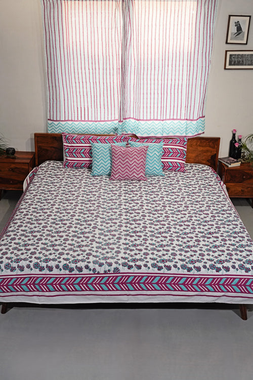 Sooti Syahi Floral Rhapsody Hand Block Printed Cotton Percale Bedsheet