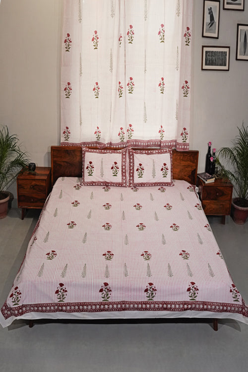 Sooti Syahi Crimson Poppy Hand Block Printed Cotton Percale Bedsheet