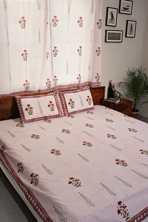 Sooti Syahi Crimson Poppy Hand Block Printed Cotton Percale Bedsheet