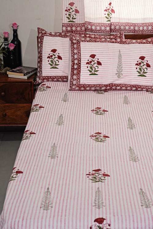 Sooti Syahi Crimson Poppy Hand Block Printed Cotton Percale Bedsheet