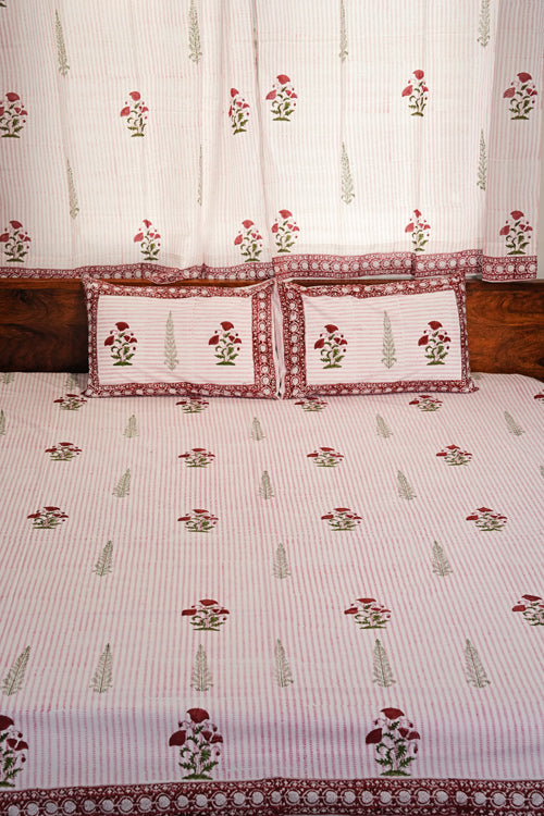 Sooti Syahi Crimson Poppy Hand Block Printed Cotton Percale Bedsheet