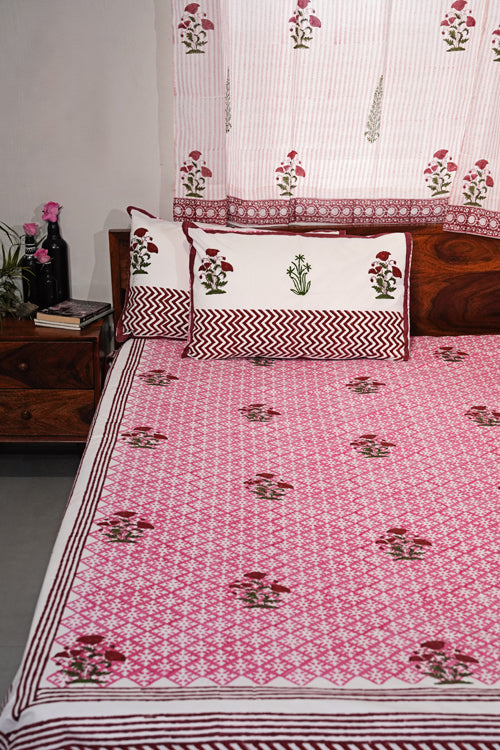 Sooti Syahi Rosy Dream Weaver Hand Block Printed Cotton Percale Bedsheet