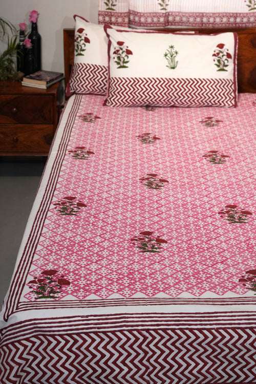 Sooti Syahi Rosy Dream Weaver Hand Block Printed Cotton Percale Bedsheet