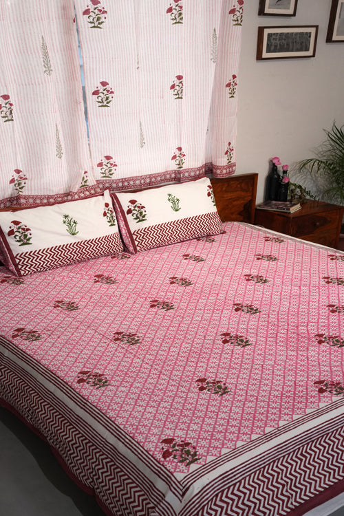 Sooti Syahi Rosy Dream Weaver Hand Block Printed Cotton Percale Bedsheet