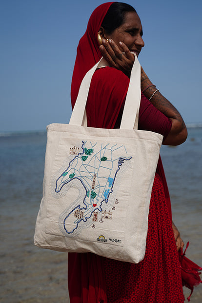 Okhai "Mumbai" Hand-Embroidered Pure Cotton Tote Bag