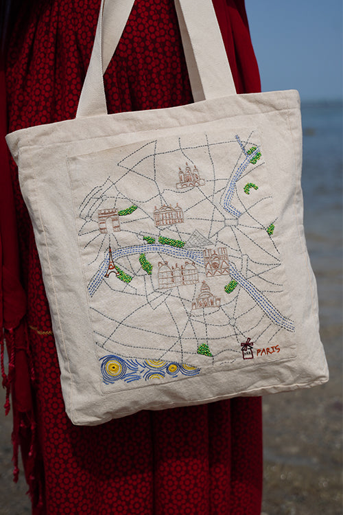 Okhai "C'est la Vie" Hand-Embroidered Pure Cotton Tote Bag