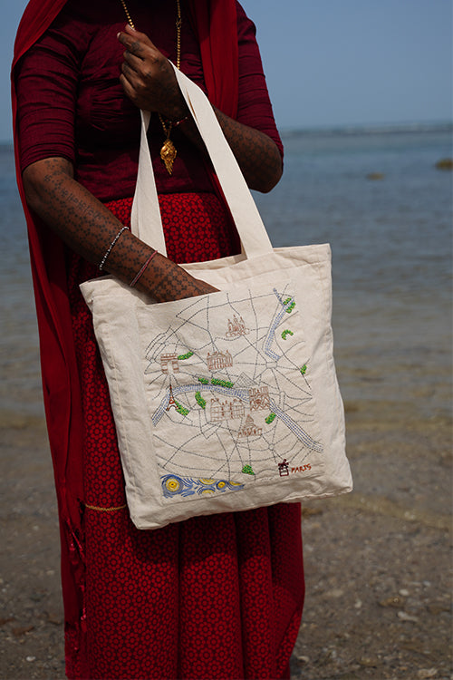 Okhai "C'est la Vie" Hand-Embroidered Pure Cotton Tote Bag