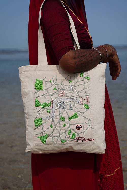 Okhai "London" Hand-Embroidered Pure Cotton Tote Bag