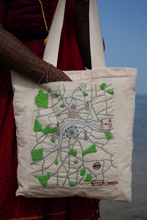 Okhai "London" Hand-Embroidered Pure Cotton Tote Bag