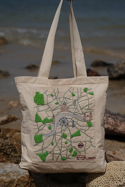 Okhai "London" Hand-Embroidered Pure Cotton Tote Bag