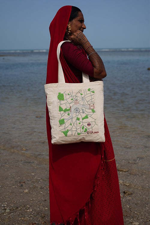 Okhai "London" Hand-Embroidered Pure Cotton Tote Bag