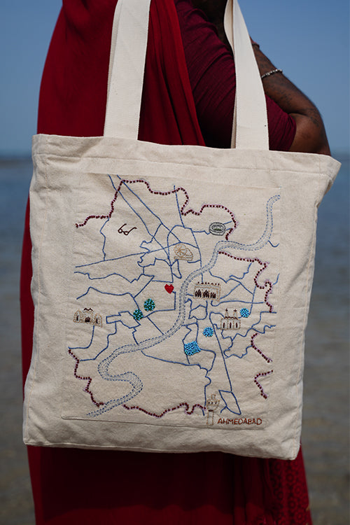 Okhai "Heritage Hub" Hand-Embroidered Pure Cotton Tote Bag