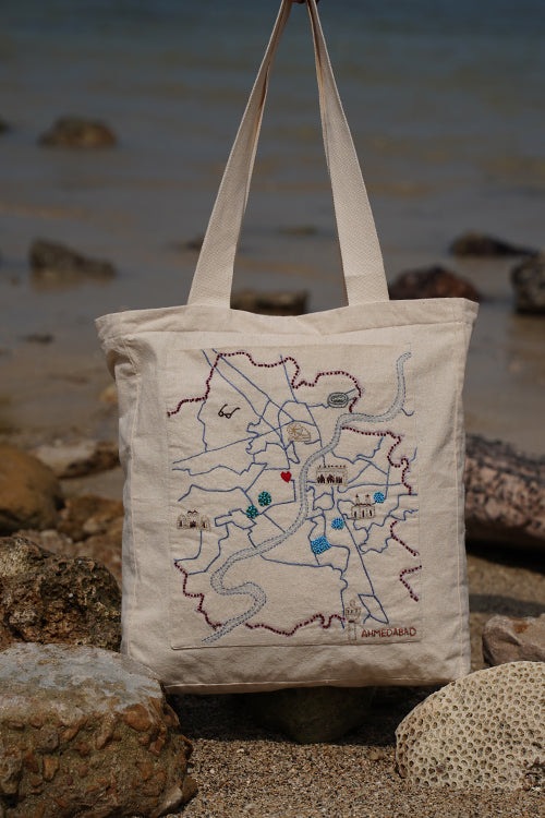 Okhai "Heritage Hub" Hand-Embroidered Pure Cotton Tote Bag