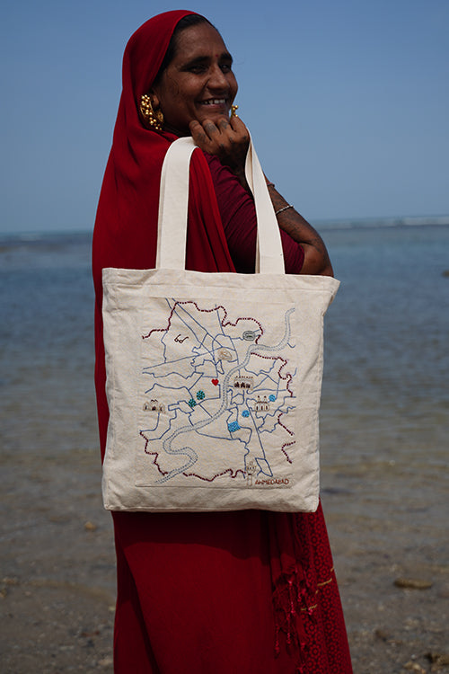 Okhai "Heritage Hub" Hand-Embroidered Pure Cotton Tote Bag