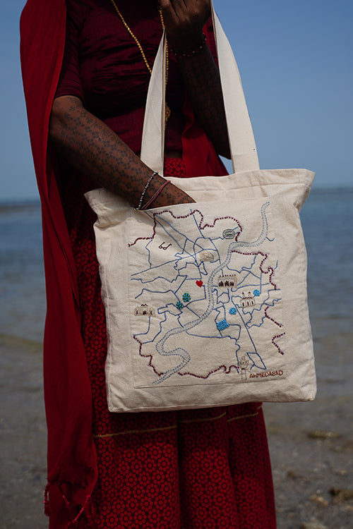 Okhai "Heritage Hub" Hand-Embroidered Pure Cotton Tote Bag