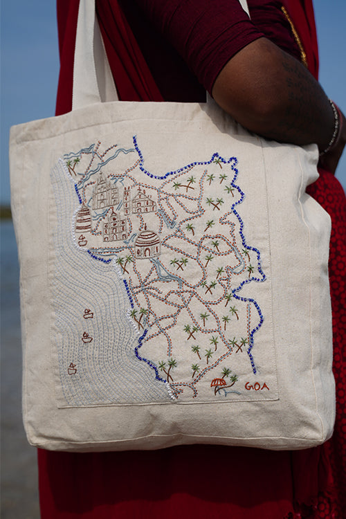 Okhai "The Serenity Coast" Hand-Embroidered Pure Cotton Tote Bag