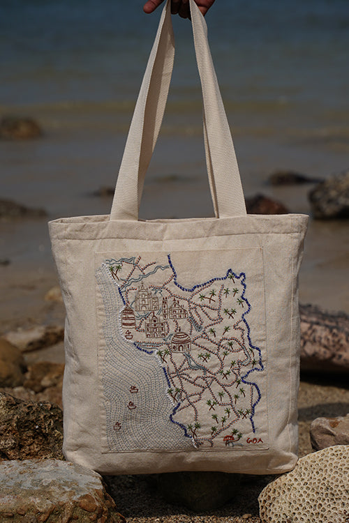 Okhai "The Serenity Coast" Hand-Embroidered Pure Cotton Tote Bag