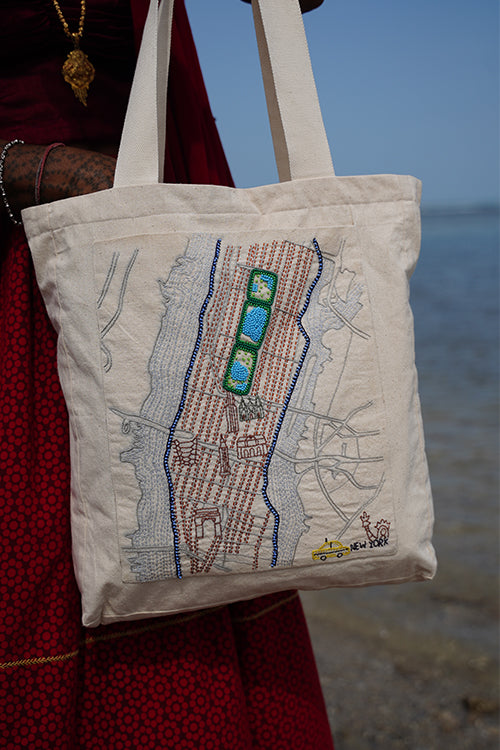 Okhai "New York" Hand-Embroidered Pure Cotton Tote Bag