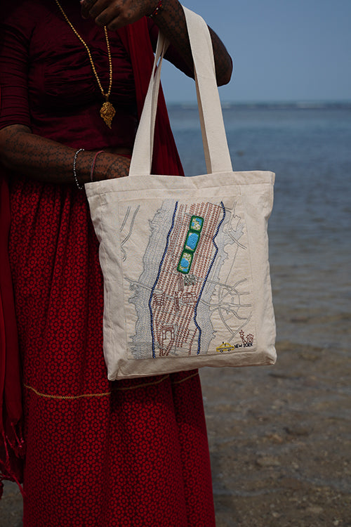 Okhai "New York" Hand-Embroidered Pure Cotton Tote Bag