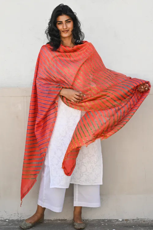 The ICH Exclusive Lehariya Chanderi Dupatta - Marigold Wave
