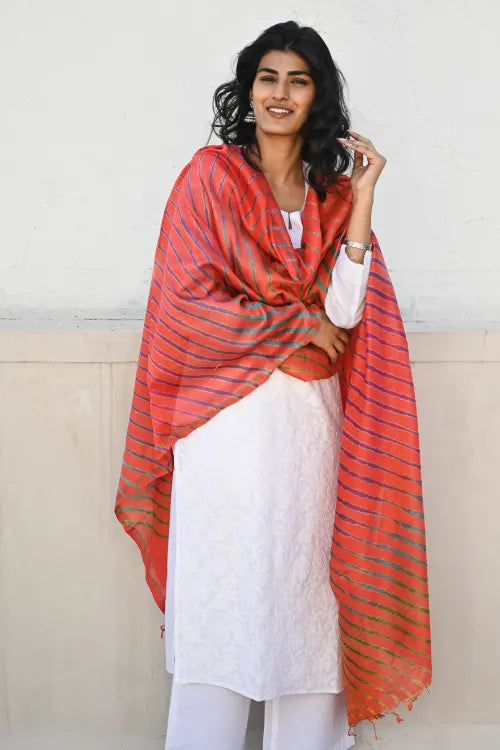 The ICH Exclusive Lehariya Chanderi Dupatta - Marigold Wave