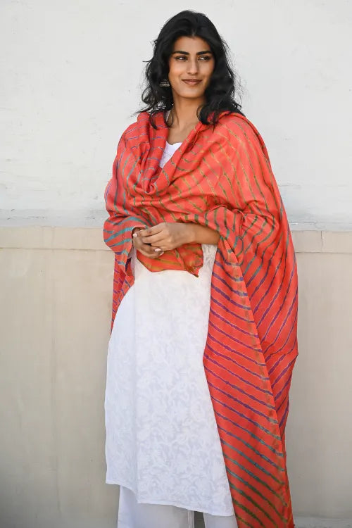 The ICH Exclusive Lehariya Chanderi Dupatta - Marigold Wave
