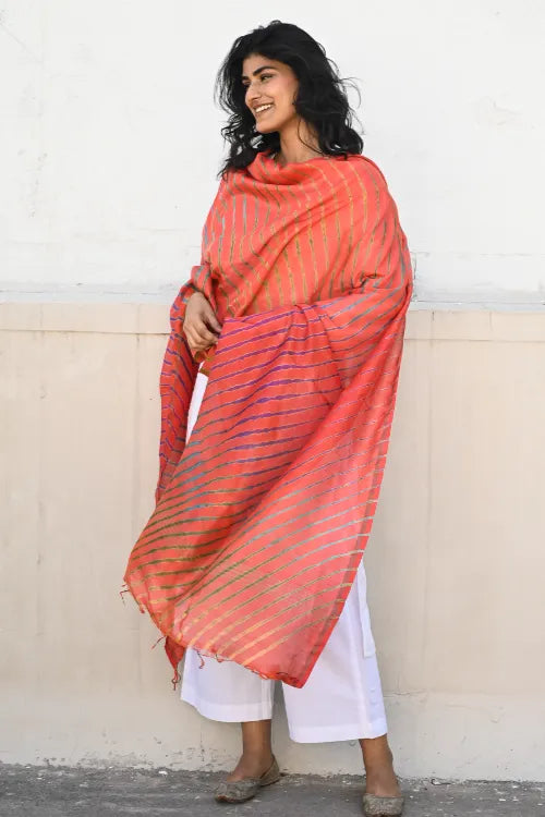The ICH Exclusive Lehariya Chanderi Dupatta - Marigold Wave