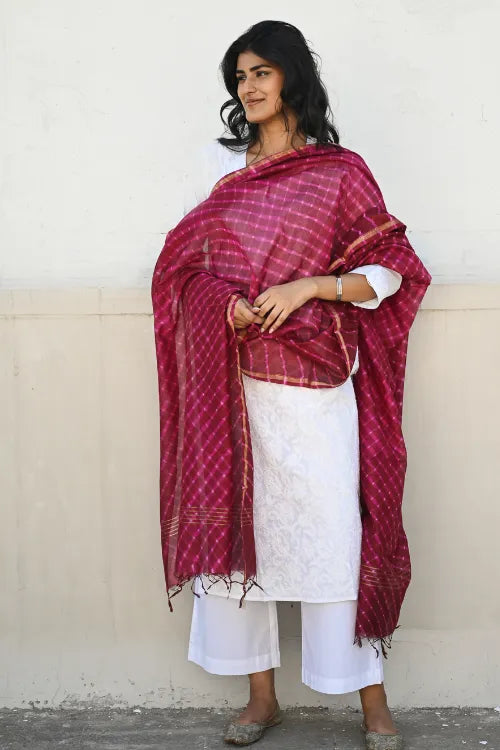 The ICH Exclusive Lehariya Chanderi Dupatta - Berry Blast