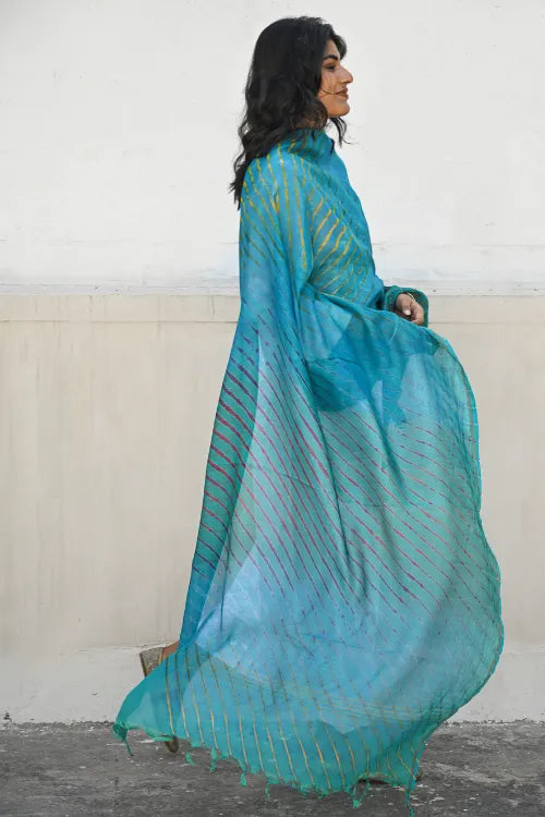 The ICH Exclusive Lehariya Chanderi Dupatta - Turquoise Wave