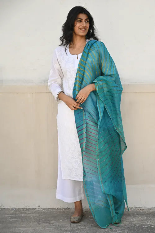 The ICH Exclusive Lehariya Chanderi Dupatta - Turquoise Wave