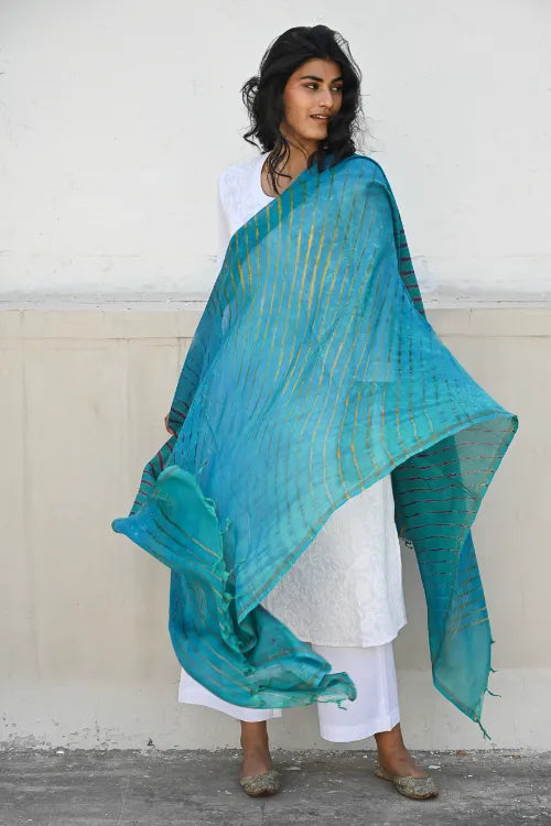 The ICH Exclusive Lehariya Chanderi Dupatta - Turquoise Wave