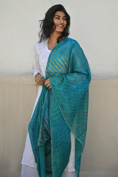 The ICH Exclusive Lehariya Chanderi Dupatta - Turquoise Wave