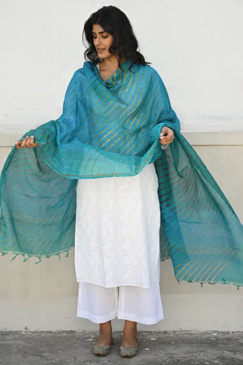 The ICH Exclusive Lehariya Chanderi Dupatta - Turquoise Wave