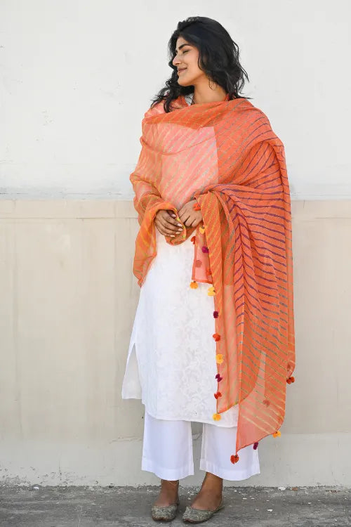 The ICH Soft Lehariya Kota Doria Cotton Dupatta - Coral Sunset