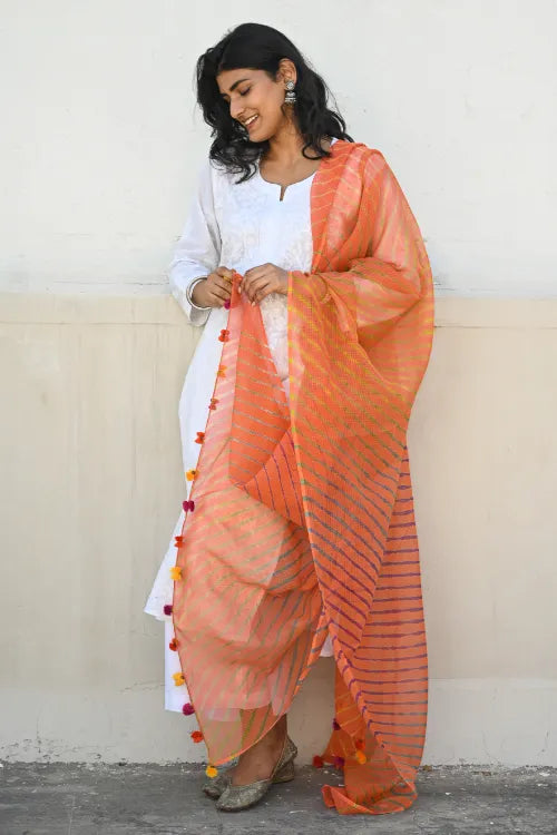 The ICH Soft Lehariya Kota Doria Cotton Dupatta - Coral Sunset