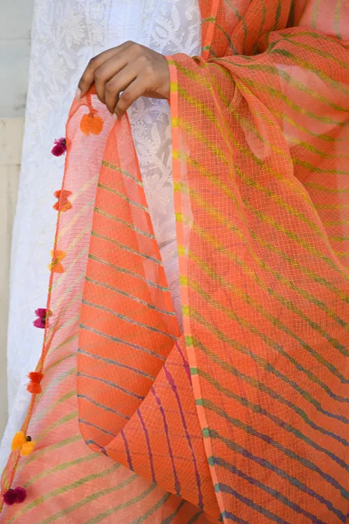 The ICH Soft Lehariya Kota Doria Cotton Dupatta - Coral Sunset