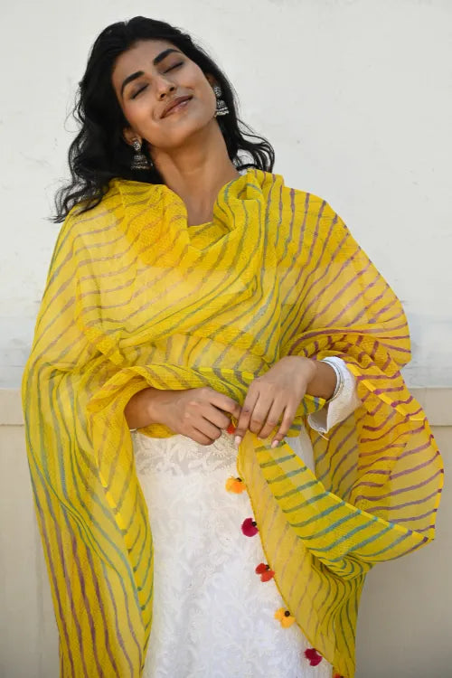 The ICH Soft Lehariya Kota Doria Cotton Dupatta - Sunshine Yellow