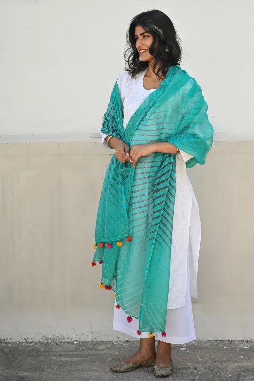 The ICH Soft Lehariya Kota Doria Cotton Dupatta - Teal Breeze