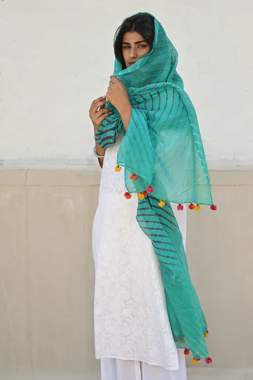 The ICH Soft Lehariya Kota Doria Cotton Dupatta - Teal Breeze
