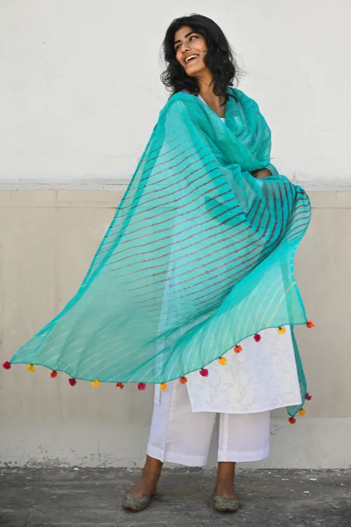 The ICH Soft Lehariya Kota Doria Cotton Dupatta - Teal Breeze