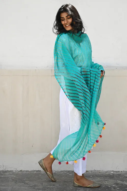 The ICH Soft Lehariya Kota Doria Cotton Dupatta - Teal Breeze