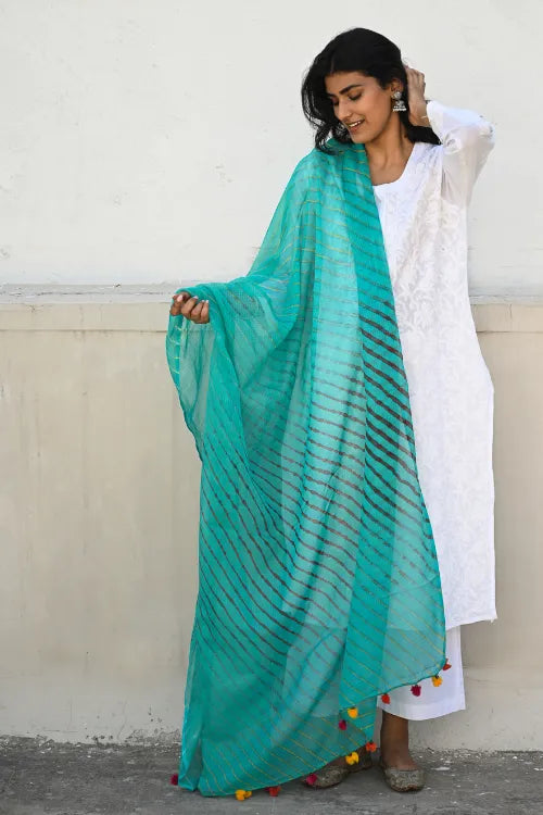 The ICH Soft Lehariya Kota Doria Cotton Dupatta - Teal Breeze