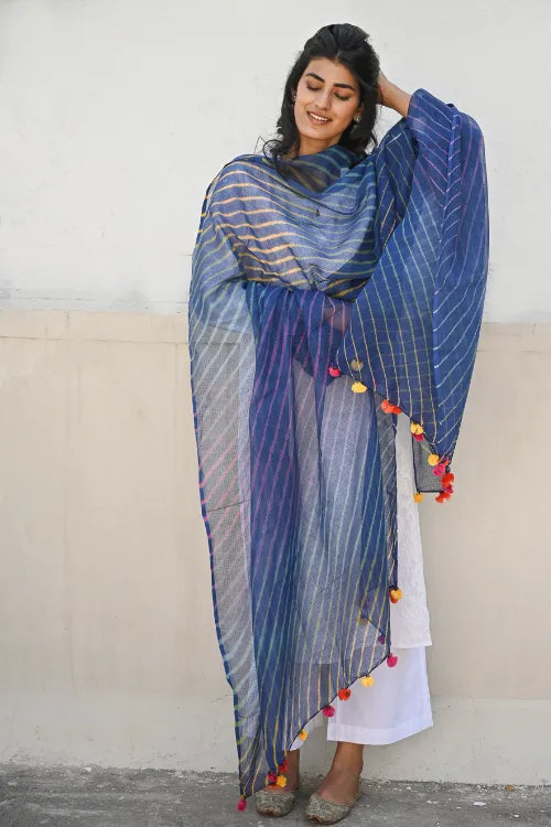 The ICH Soft Lehariya Kota Doria Cotton Dupatta - Midnight Blue