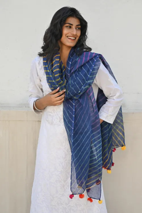 The ICH Soft Lehariya Kota Doria Cotton Dupatta - Midnight Blue
