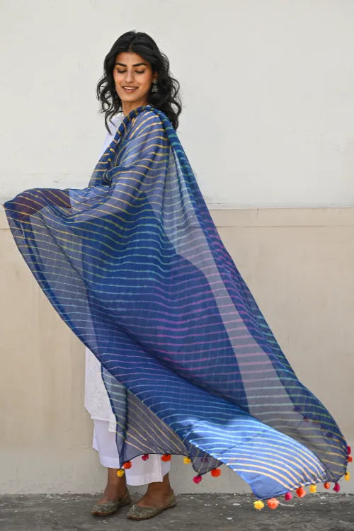 The ICH Soft Lehariya Kota Doria Cotton Dupatta - Midnight Blue