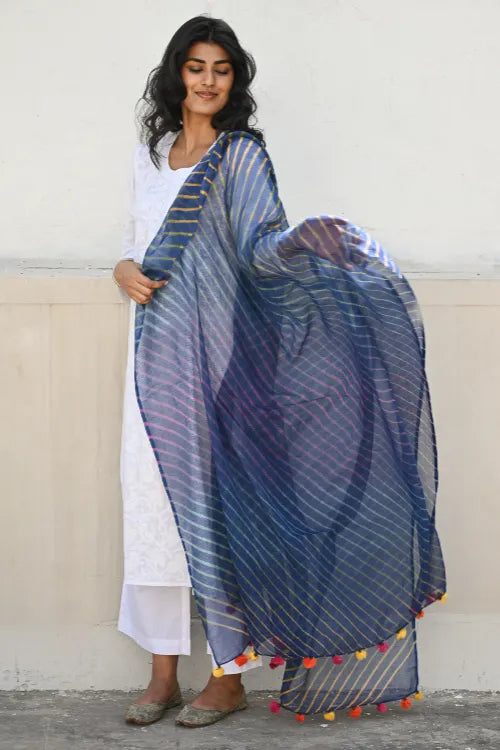 The ICH Soft Lehariya Kota Doria Cotton Dupatta - Midnight Blue
