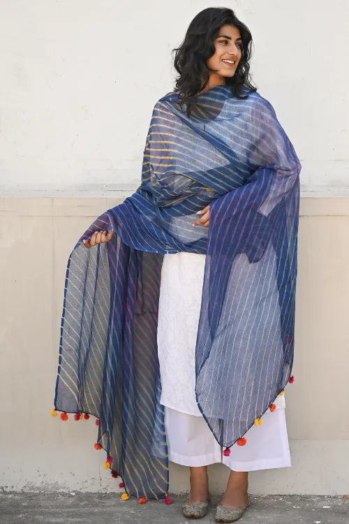 The ICH Soft Lehariya Kota Doria Cotton Dupatta - Midnight Blue