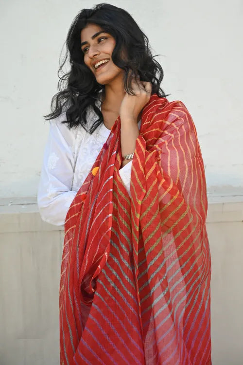 The ICH Soft Lehariya Kota Doria Cotton Dupatta - Scarlet Red